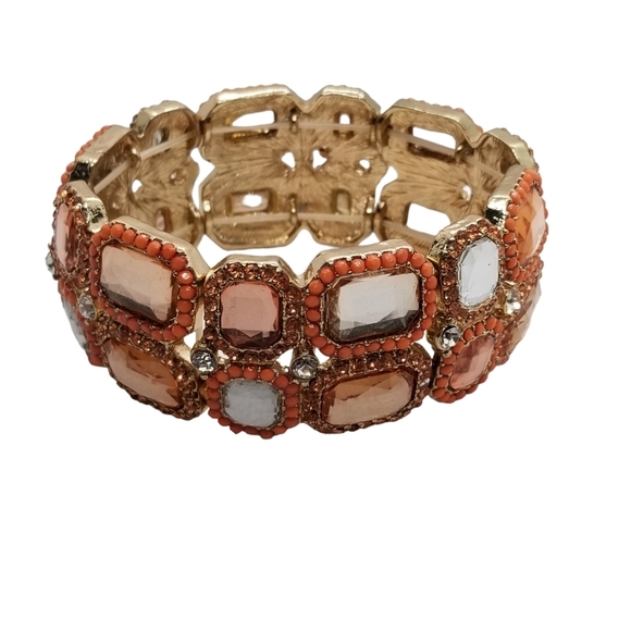 VINTAGE PEACH & CHAMPAGNE COLORED RHINESTONE STRETCH BRACELET - Picture 4 of 5
